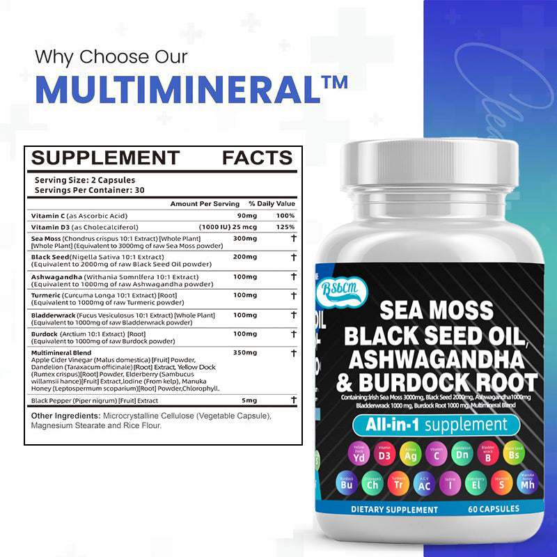 Multi-Mineral Sea Moss Black Seed Oil Ashwagandha Turmeric Bladderwrack Burdock Vitamin C Vitamin D3 with Elderberry Manuka Dietary Supplement Pills 60 count