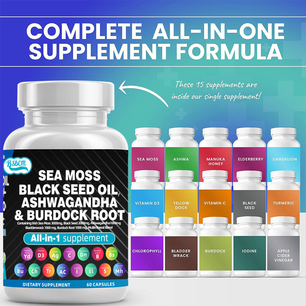 Multi-Mineral Sea Moss Black Seed Oil Ashwagandha Turmeric Bladderwrack Burdock Vitamin C Vitamin D3 with Elderberry Manuka Dietary Supplement Pills 60 count