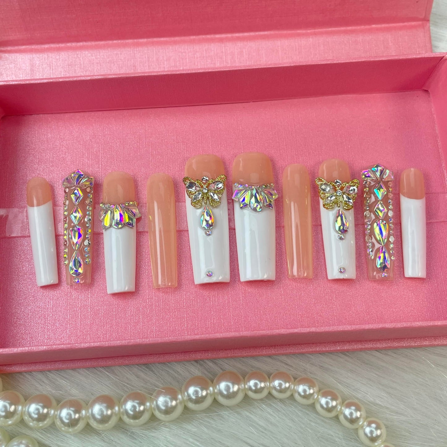 Press On Nails Medium Fake Nails FalseNails With 3D Flower Designs Nail Press Ons French TipHandmade Acrylic Artificial Nails Summer Natural Stick OnNails For Women
