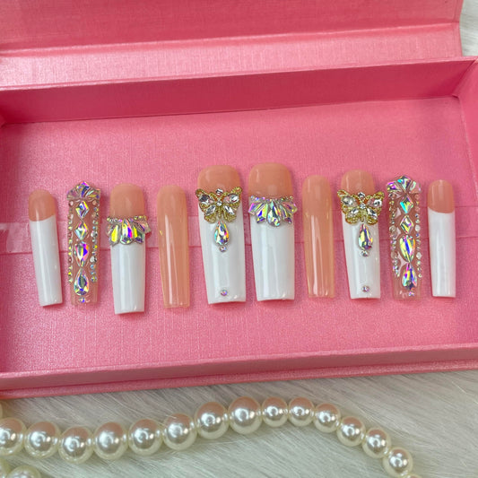 Press On Nails Medium Fake Nails FalseNails With 3D Flower Designs Nail Press Ons French TipHandmade Acrylic Artificial Nails Summer Natural Stick OnNails For Women