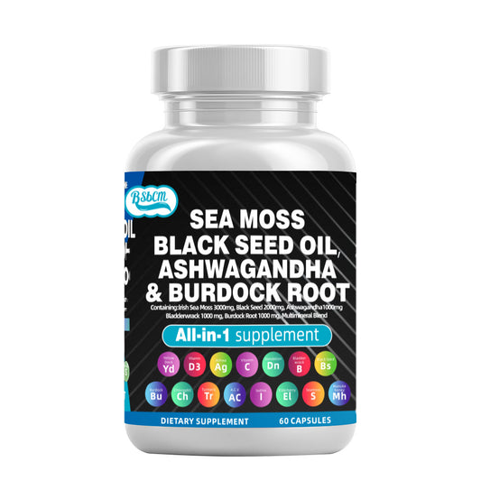 Multi-Mineral Sea Moss Black Seed Oil Ashwagandha Turmeric Bladderwrack Burdock Vitamin C Vitamin D3 with Elderberry Manuka Dietary Supplement Pills 60 count