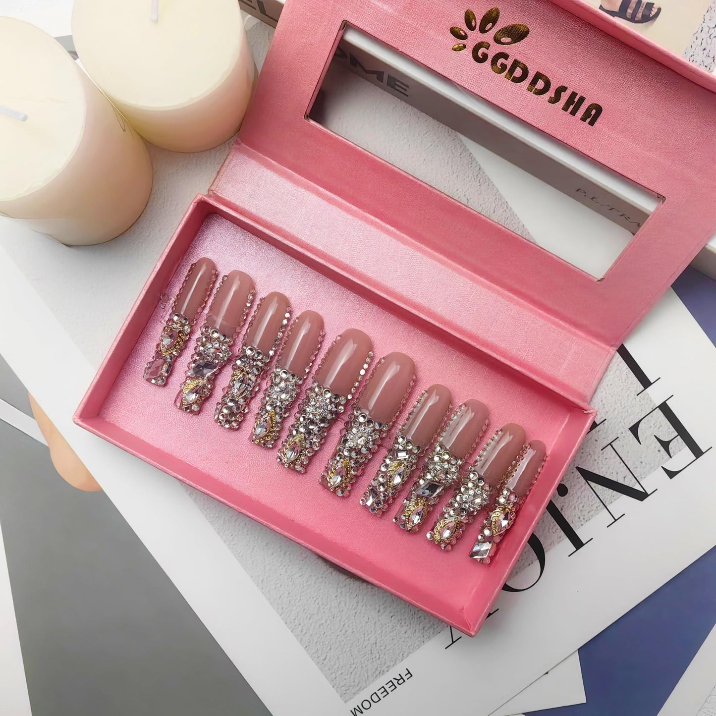 New PMMA Acrylic Press On Nails StunningBling Nails, Rhinestone Fake Nails, Glitter Rhinestone NailsGradient Fake NailsCrystal Cascade