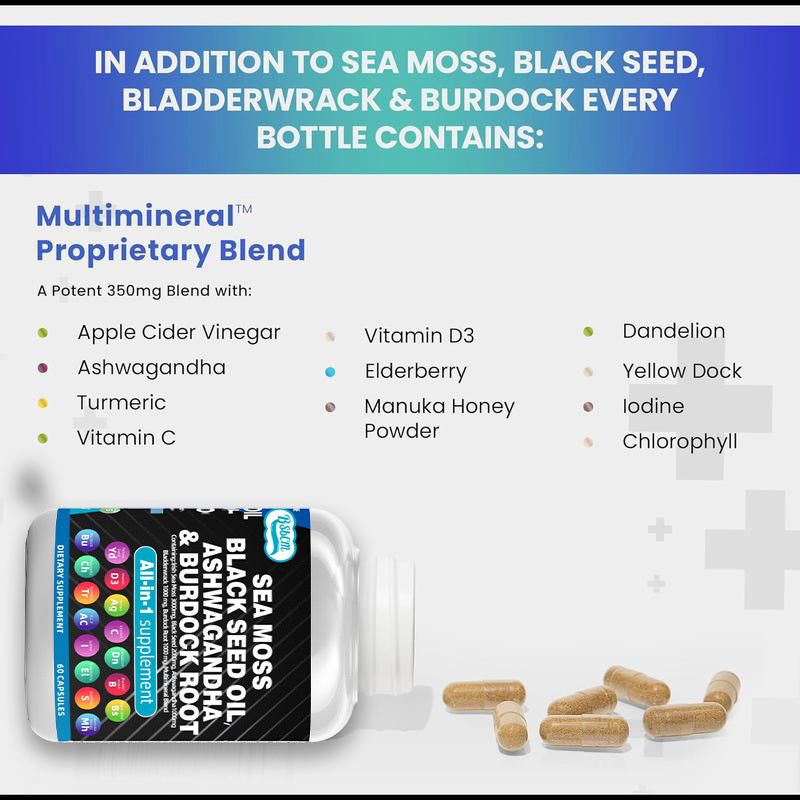 Multi-Mineral Sea Moss Black Seed Oil Ashwagandha Turmeric Bladderwrack Burdock Vitamin C Vitamin D3 with Elderberry Manuka Dietary Supplement Pills 60 count