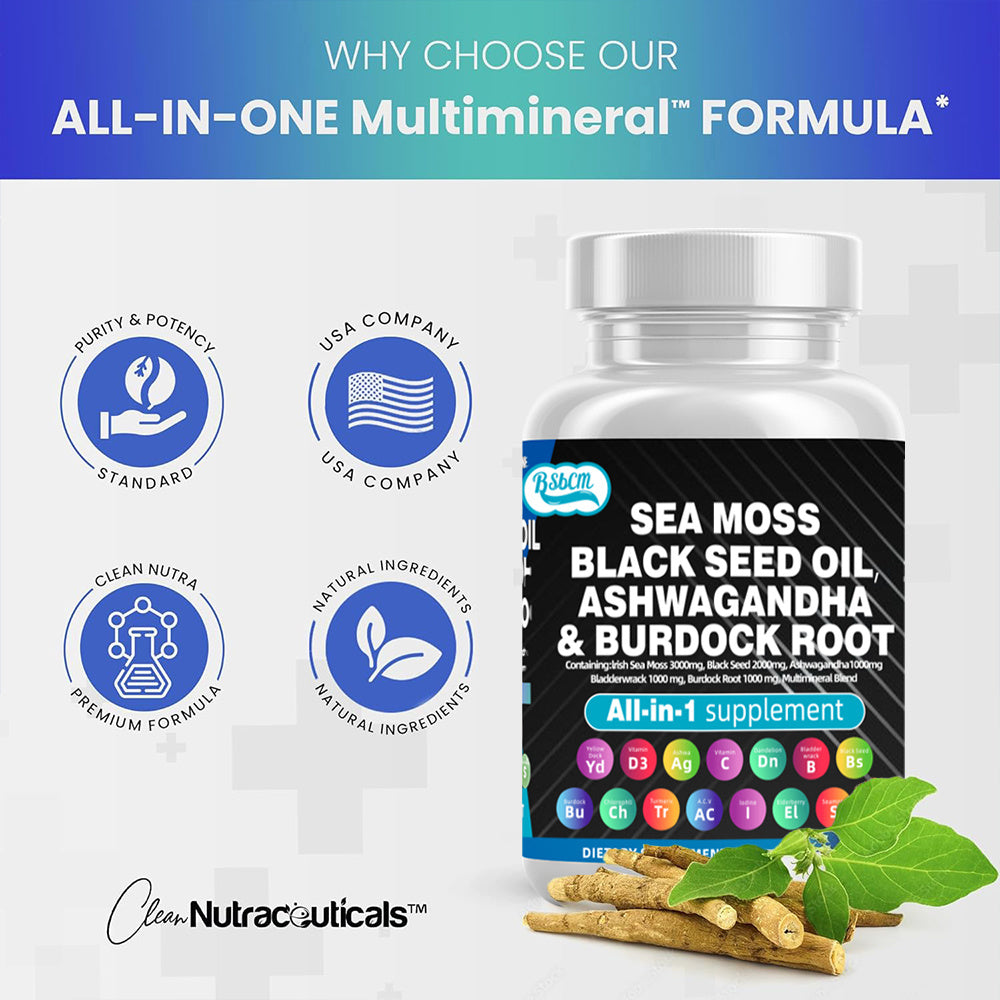 Multi-Mineral Sea Moss Black Seed Oil Ashwagandha Turmeric Bladderwrack Burdock Vitamin C Vitamin D3 with Elderberry Manuka Dietary Supplement Pills 60 count