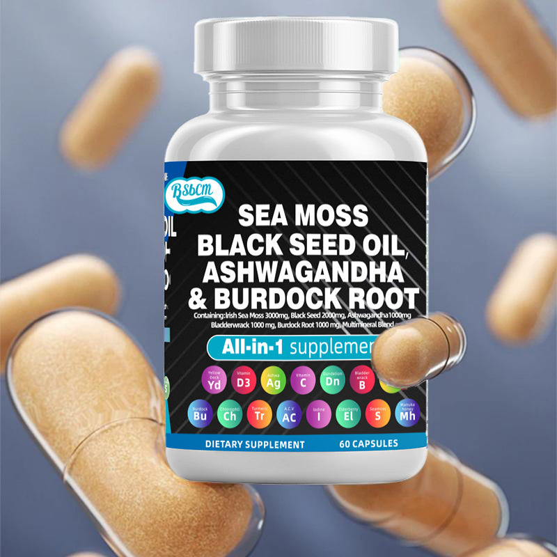 Multi-Mineral Sea Moss Black Seed Oil Ashwagandha Turmeric Bladderwrack Burdock Vitamin C Vitamin D3 with Elderberry Manuka Dietary Supplement Pills 60 count