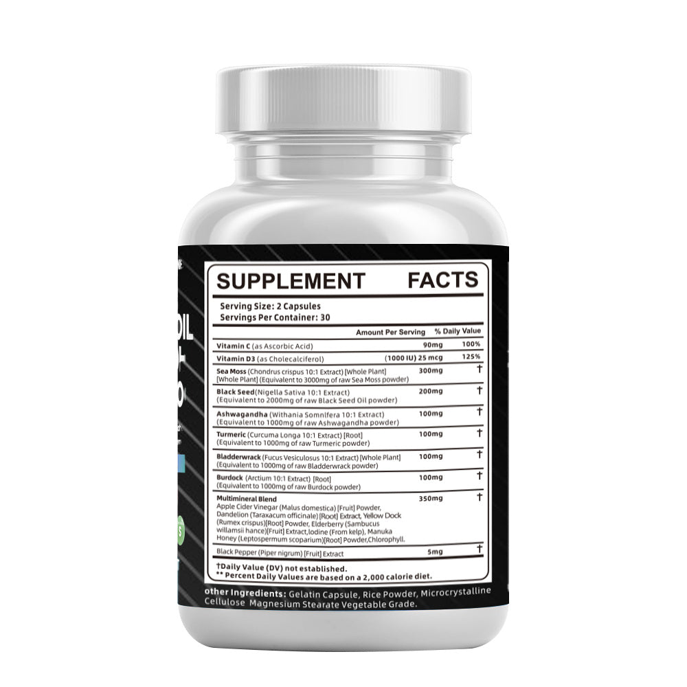 Multi-Mineral Sea Moss Black Seed Oil Ashwagandha Turmeric Bladderwrack Burdock Vitamin C Vitamin D3 with Elderberry Manuka Dietary Supplement Pills 60 count