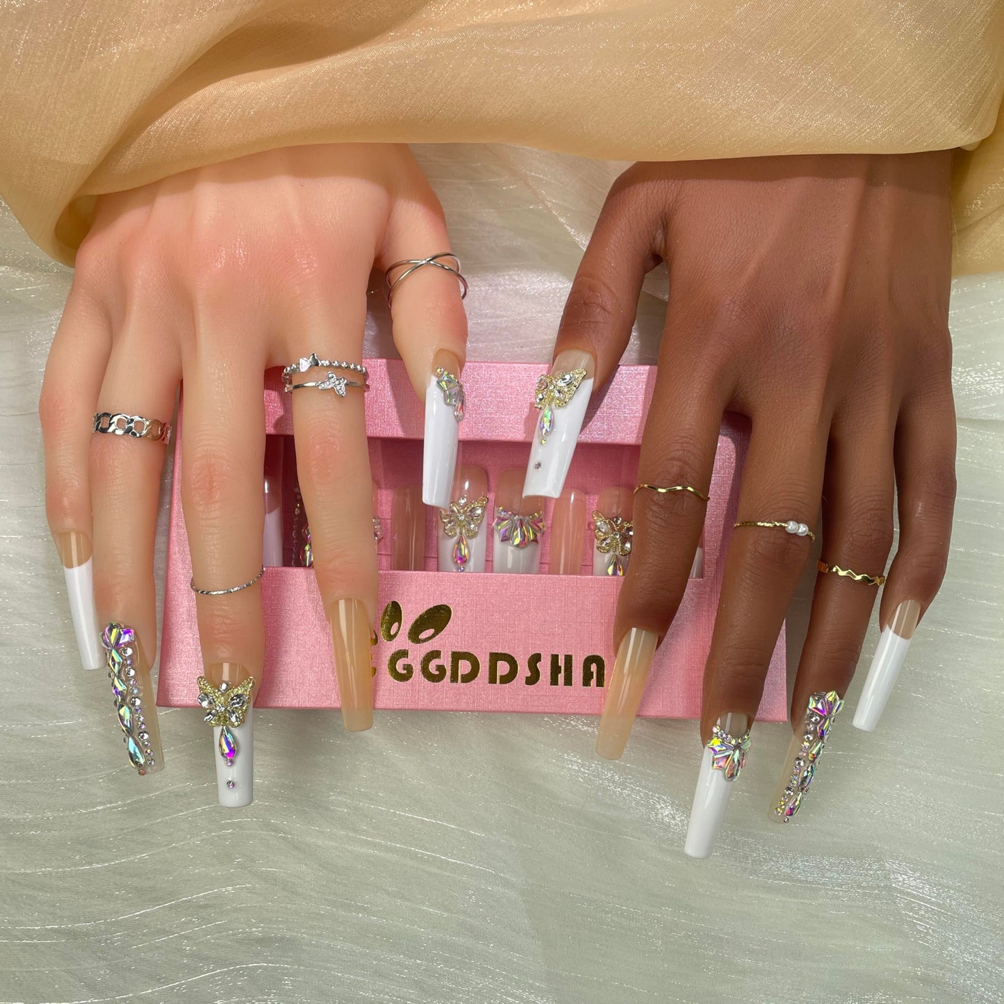 Press On Nails Medium Fake Nails FalseNails With 3D Flower Designs Nail Press Ons French TipHandmade Acrylic Artificial Nails Summer Natural Stick OnNails For Women