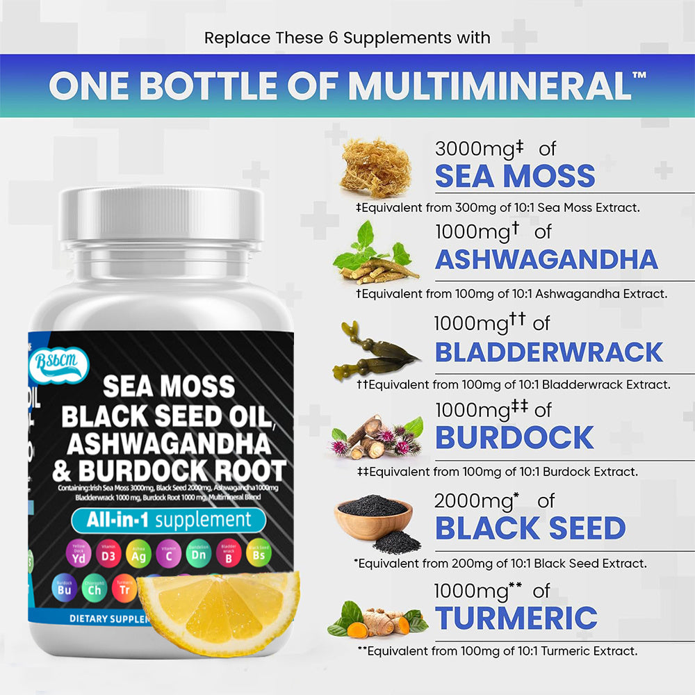 Multi-Mineral Sea Moss Black Seed Oil Ashwagandha Turmeric Bladderwrack Burdock Vitamin C Vitamin D3 with Elderberry Manuka Dietary Supplement Pills 60 count